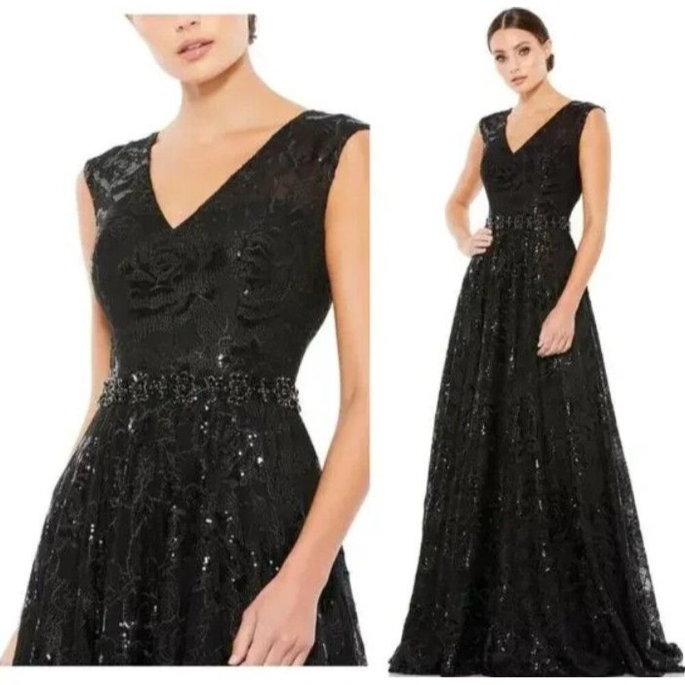 NWT Mac Duggal 12413 Embroidered Cap Sleeve A Line Black Floral Dress Size 12